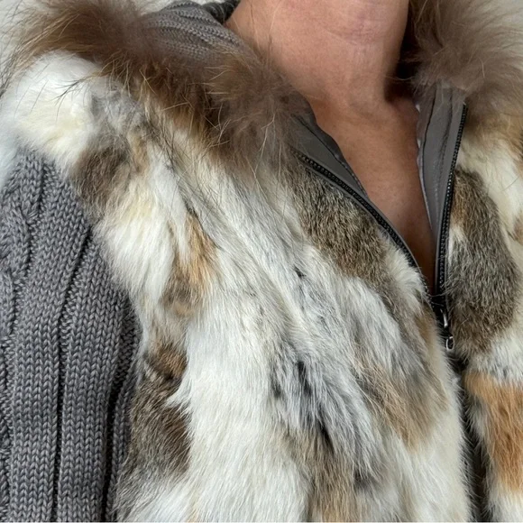 Rabbit Fur and Cable Knit Cardigan Jacket with Hood - Picture 13 of 15